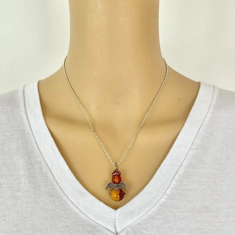 Angel Bead Charm Necklace 17in Silver Tone Ball & Bar Chain Amber Color